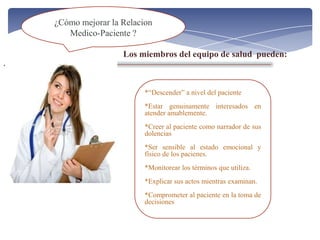 ¿Cómo mejorar la Relacion
       Medico-Paciente ?

                     Los miembros del equipo de salud pueden:
…



                           *“Descender” a nivel del paciente
                           *Estar genuinamente interesados en
                           atender amablemente.
                           *Creer al paciente como narrador de sus
                           dolencias
                           *Ser sensible al estado emocional y
                           físico de los pacienes.
                           *Monitorear los términos que utiliza.
                           *Explicar sus actos mientras examinan.
                           *Comprometer al paciente en la toma de
                           decisiones
 