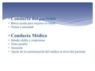 Conducta del paciente
Busca ayuda para mejorar su salud
Temor o ansiedad

Conducta Médica
Saludo afable y respetuoso
Trato amable
Atención
Ajuste de la comunicación del médico al nivel del paciente
 