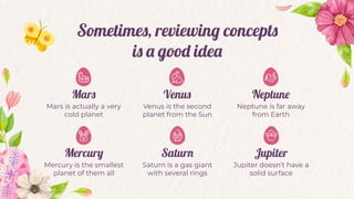 Venus is the second
planet from the Sun
Neptune is far away
from Earth
Sometimes, reviewing concepts
is a good idea
Mars is actually a very
cold planet
Mercury is the smallest
planet of them all
Saturn is a gas giant
with several rings
Jupiter doesn’t have a
solid surface
Mars Venus Neptune
Mercury Saturn Jupiter
 