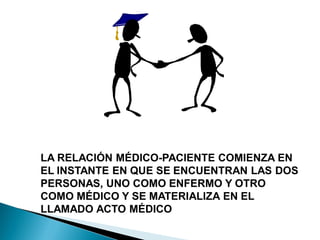 LA RELACIÓN MÉDICO-PACIENTE COMIENZA EN
EL INSTANTE EN QUE SE ENCUENTRAN LAS DOS
PERSONAS, UNO COMO ENFERMO Y OTRO
COMO MÉDICO Y SE MATERIALIZA EN EL
LLAMADO ACTO MÉDICO
 