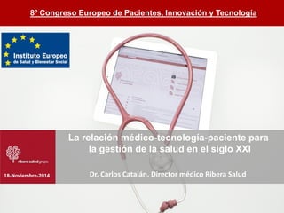 18-Noviembre-2014 
La relación médico-tecnología-paciente para 
la gestión de la salud en el siglo XXI 
Dr. Carlos Catalán. Director médico Ribera Salud 
8º Congreso Europeo de Pacientes, Innovación y Tecnología  