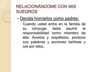 RELACIONÁNDOME CON MIS SUEGROSDecida honrarlos como padres:Cuando usted entra en la familia de su cónyuge, debe asumir la responsabilidad como miembro de ella: Ámelos y respételos, perdone sus palabras y acciones dañinas y ore por ellos. 