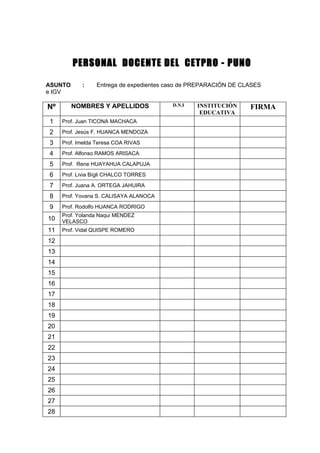 PERSONAL DOCENTE DEL CETPRO - PUNO

ASUNTO      :    Entrega de expedientes caso de PREPARACIÓN DE CLASES
e IGV

Nº       NOMBRES Y APELLIDOS             D.N.I   INSTITUCIÓN     FIRMA
                                                  EDUCATIVA
1    Prof. Juan TICONA MACHACA

2    Prof. Jesús F. HUANCA MENDOZA

3    Prof. Imelda Teresa COA RIVAS

4    Prof. Alfonso RAMOS ARISACA

5    Prof. Rene HUAYAHUA CALAPUJA

6    Prof. Livia Bígli CHALCO TORRES

7    Prof. Juana A. ORTEGA JAHUIRA

8    Prof. Yovana S. CALISAYA ALANOCA

9    Prof. Rodolfo HUANCA RODRIGO
     Prof. Yolanda Naqui MENDEZ
10   VELASCO
11   Prof. Vidal QUISPE ROMERO

12
13
14
15
16
17
18
19
20
21
22
23
24
25
26
27
28
 