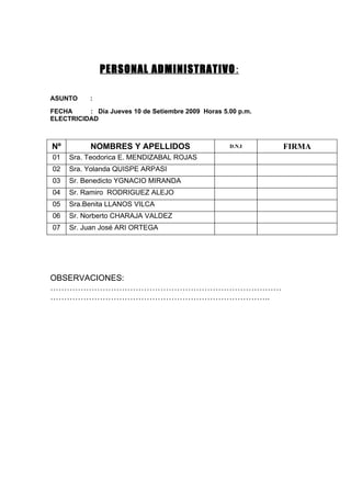 PERSONAL ADMINISTRATIVO :

ASUNTO     :
FECHA     : Día Jueves 10 de Setiembre 2009 Horas 5.00 p.m.
ELECTRICIDAD



Nº         NOMBRES Y APELLIDOS                      D.N.I     FIRMA
01   Sra. Teodorica E. MENDIZABAL ROJAS
02   Sra. Yolanda QUISPE ARPASI
03   Sr. Benedicto YGNACIO MIRANDA
04   Sr. Ramiro RODRIGUEZ ALEJO
05   Sra.Benita LLANOS VILCA
06   Sr. Norberto CHARAJA VALDEZ
07   Sr. Juan José ARI ORTEGA




OBSERVACIONES:
…………………………………………………………………………
……………………………………………………………………..
 