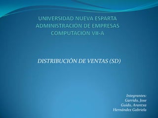 UNIVERSIDAD NUEVA ESPARTAADMINISTRACIÓN DE EMPRESASCOMPUTACIÓN VII-A DISTRIBUCIÓN DE VENTAS (SD) Integrantes: Garrido,Jose Guido, Arantxa Hernández Gabriela 
