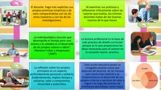 El docente haga más explicitas sus
propias premisas empíricas y de
valor comparándolas con las de
otros maestros y con las de las
investigaciones.
Al examinar sus prácticas y
reflexionar críticamente sobre las
razones que evalúa, los mismos
docentes tratan de dar buenas
razones de lo que hacen.
”La individualidad y función que
desempeña el tiempo para uno
mismo y la soledad en el desarrollo
de los propios valores e ideas”.
Plantean Fullan y Hargreaves
¨(1997)
La lectura profesional es la base de
este proceso de diseño curricular
porque es lo que proporciona las
ideas necesarias para el avance en
la conexión teoría- practica.
La reflexión sobre los propios
principios es un aspecto
profundamente personal y solitario,
Evidentemente, implica tiempo y
esfuerzo, valor y compromiso,
sinceridad y autocritica.
Toda acción educativa posee un
innegable carácter moral que
depende del docente, de tal manera
que cuanto más explicite y se
comprometa en el desarrollo de sus
propios criterios y opciones de valor a
seguir a lo largo del proceso de
enseñanza-aprendizaje, tanto mejor.
 