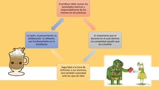 El profesor debe revisar los
postulados teóricos y
responsabilizarse de los
mismos en las prácticas
Es importante que el
docente en el aula domine
con propiedad aquello que
va a enseñar
Seguridad a la hora de
enfrentar a sus alumnos,
sino también autoridad
ante los ojos de ellos
La razón, el pensamiento, la
deliberación la reflexión,
son fundamentales en la
enseñanza
 
