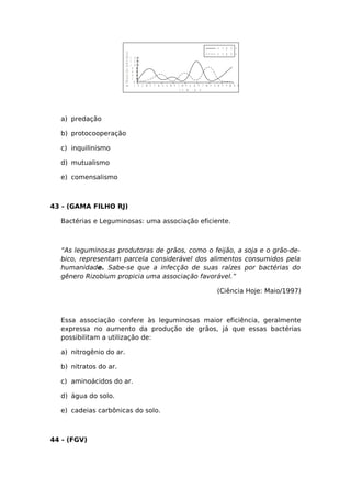 t e m p o
milharesdeindivíduos
1 4 0
1 2 0
1 0 0
8 0
6 0
4 0
2 0
0
1 9 2 01 9 3 01 9 4 01 9 5 01 9 6 01 9 7 01 9 8 01 9 9 02 0 0 0
e s p é c i e A
e s p é c i e B
a) predação
b) protocooperação
c) inquilinismo
d) mutualismo
e) comensalismo
43 - (GAMA FILHO RJ)
Bactérias e Leguminosas: uma associação eficiente.
“As leguminosas produtoras de grãos, como o feijão, a soja e o grão-de-
bico, representam parcela considerável dos alimentos consumidos pela
humanidade. Sabe-se que a infecção de suas raízes por bactérias do
gênero Rizobium propicia uma associação favorável.”
(Ciência Hoje: Maio/1997)
Essa associação confere às leguminosas maior eficiência, geralmente
expressa no aumento da produção de grãos, já que essas bactérias
possibilitam a utilização de:
a) nitrogênio do ar.
b) nitratos do ar.
c) aminoácidos do ar.
d) água do solo.
e) cadeias carbônicas do solo.
44 - (FGV)
 