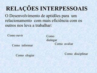 RELAÇÕES INTERPESSOAIS O Desenvolvimento de aptidões para  um  relacionamento  com mais eficiência com os outros nos leva a trabalhar: Como  dialogar Como ouvir Como  informar Como  avaliar Como  elogiar Como  disciplinar 