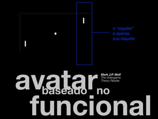 o “jogador”
                 é apenas
                 sua raquete




avatar   Mark J.P. Wolf
         The Videogame
         Theory Reader



 baseado no
 funcional
 