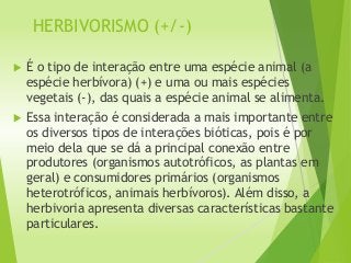 HERBIVORISMO (+/-)
 É o tipo de interação entre uma espécie animal (a
espécie herbívora) (+) e uma ou mais espécies
vegetais (-), das quais a espécie animal se alimenta.
 Essa interação é considerada a mais importante entre
os diversos tipos de interações bióticas, pois é por
meio dela que se dá a principal conexão entre
produtores (organismos autotróficos, as plantas em
geral) e consumidores primários (organismos
heterotróficos, animais herbívoros). Além disso, a
herbivoria apresenta diversas características bastante
particulares.
 