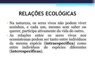 RELAÇÕES ECOLÓGICAS
• Na natureza, os seres vivos não podem viver
sozinhos, e cada um, mesmo sem saber ou
querer, participa ativamente da vida do outro.
• As relações entre os seres vivos nos
ecossistemas p0dem ser tanto entre indivíduos
da mesma espécie (intraespecífica) como
entre indivíduos de espécies diferentes
(interespecíficas).
 