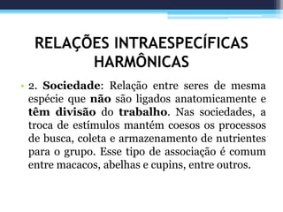 RELAÇÕES INTRAESPECÍFICAS
HARMÔNICAS
• 2. Sociedade: Relação entre seres de mesma
espécie que não são ligados anatomicamente e
têm divisão do trabalho. Nas sociedades, a
troca de estímulos mantém coesos os processos
de busca, coleta e armazenamento de nutrientes
para o grupo. Esse tipo de associação é comum
entre macacos, abelhas e cupins, entre outros.
 