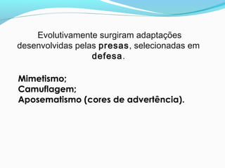 Evolutivamente surgiram adaptações
desenvolvidas pelas presas, selecionadas em
defesa.
Mimetismo;
Camuflagem;
Aposematismo (cores de advertência).
 