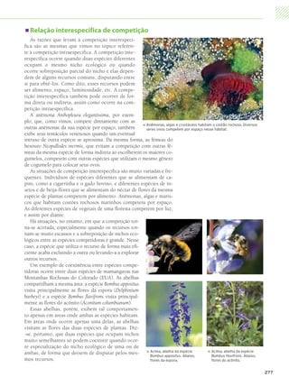   Relação interespecífica de competição
              As razões que levam à competição interespecí-
           fica são as mesmas que vimos no tópico referen-
           te à competição intraespecífica. A competição inte-
           respecífica ocorre quando duas espécies diferentes
           ocupam o mesmo nicho ecológico ou quando
           ocorre sobreposição parcial do nicho e elas depen-
           dem de alguns recursos comuns, disputando entre
           si para obtê-los. Como dito, esses recursos podem
           ser alimento, espaço, luminosidade, etc. A compe-
           tição interespecífica também pode ocorrer de for-
           ma direta ou indireta, assim como ocorre na com-
           petição intraespecífica.
              A anêmona Anthopleura elegantissima, por exem-
           plo, que, como vimos, compete diretamente com as
                                                                     A
                                                                      nêmonas, algas e crustáceos habitam o costão rochoso. Diversos




                                                                        
           outras anêmonas da sua espécie por espaço, também         seres vivos competem por espaço nesse hábitat.
           exibe seus tentáculos venenosos quando um eventual
           intruso de outra espécie se aproxima. Da mesma forma, as fêmeas do
           besouro Neopallodes inermis, que evitam a competição com outras fê-
           meas da mesma espécie de forma indireta ao escolherem os maiores co-
           gumelos, competem com outras espécies que utilizam o mesmo gênero
           de cogumelo para colocar seus ovos.
              As situações de competição interespecífica são muito variadas e fre-
           quentes. Indivíduos de espécies diferentes que se alimentam de ca-
           pim, como a cigarrinha e o gado bovino, e diferentes espécies de in-
           setos e de beija-flores que se alimentam do néctar de flores da mesma
           espécie de plantas competem por alimento. Anêmonas, algas e maris-
           cos que habitam costões rochosos marinhos competem por espaço.
           As diferentes espécies de vegetais de uma floresta competem por luz,
           e assim por diante.
              Há situações, no entanto, em que a competição tor-
           na-se acirrada, especialmente quando os recursos tor-
           nam-se muito escassos e a sobreposição de nichos eco-
           lógicos entre as espécies competidoras é grande. Nesse
           caso, a espécie que utiliza o recurso de forma mais efi-
           ciente acaba excluindo a outra ou levando-a a explorar
           outros recursos.
              Um exemplo de coexistência entre espécies compe-
           tidoras ocorre entre duas espécies de mamangavas nas
           Montanhas Rochosas do Colorado (EUA). As abelhas
           compartilham a mesma área: a espécie Bombus appositus
           visita principalmente as flores da espora (Delphinium
           barbeyi) e a espécie Bombus flavifrons visita principal-
           mente as flores do acônito (Aconitum columbianum).
              Essas abelhas, porém, exibem tal comportamen-
           to apenas em áreas onde ambas as espécies habitam.
           Em áreas onde ocorre apenas uma delas, as abelhas
           visitam as flores das duas espécies de plantas. Diz-
           -se, portanto, que duas espécies que ocupam nichos
           muito semelhantes só podem coexistir quando ocor-
           re especialização do nicho ecológico de uma ou de
           ambas, de forma que deixem de disputar pelos mes-            A
                                                                         cima, abelha da espécie         A
                                                                                                           cima, abelha da espécie
                                                                          




                                                                                                          




                                                                        Bombus appositus. Abaixo,         Bombus flavifrons. Abaixo,
           mos recursos.                                                flores da espora.                 flores do acônito.


                                                                                                                                          277




4P_EMB3_LA_U03_C13_268A287.indd 277                                                                                                     29.10.09 14:19:48
 