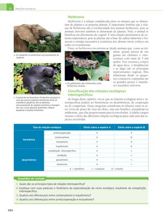 13     Relações ecológicas


                                                                       Herbivoria
                                                                    Herbivoria é a relação estabelecida entre os animais que se alimen-
                                                                 tam de plantas e as próprias plantas. É importante lembrar que a rela-
                                                                 ção de herbivoria não é exclusividade dos animais herbívoros, pois os
                                                                 animais onívoros também se alimentam de plantas. Nela, o animal se
                                                                 beneficia em detrimento do vegetal. É uma relação desarmônica de ex-
                                                                 trema importância, pois as plantas são a base da cadeia alimentar e for-
                                                                 necem a energia necessária à existência dos demais níveis tróficos em
                                                                 todos os ecossistemas.
                                                                    Entre os herbívoros encontram-se desde animais que, como as tér-
                                                                                                          mitas, pesam menos de um
               O
                s elefantes se alimentam exclusivamente de                                               grama até elefantes e rino-
           




               vegetais.                                                                                  cerontes com mais de 5 mil
                                                                                                          quilos. Nos oceanos e corpos
                                                                                                          de água doce, o fitoplâncton
                                                                                                          e as algas são os principais
                                                                                                          representantes vegetais. Eles
                                                                                                          alimentam desde os peque-
                                                                                                          nos crustáceos copépodas até
                                                                   O
                                                                    s gafanhotos são conhecidos como
                                                                                                          os grandes peixes e mamífe-
                                                                 




                                                                   herbívoros vorazes.                    ros marinhos onívoros.
                                                                       Classificação das relações ecológicas
                                                                       interespecíficas
               O
                peixe-boi da Amazônia (Trichechus inunguis) é
           




               uma das poucas espécies herbívoras entre os          Ao longo deste capítulo, viu-se que as relações ecológicas intra e in-
               mamíferos aquáticos. Ele se alimenta              terespecíficas podem ser harmônicas ou desarmônicas, de cooperação
               exclusivamente de vegetais próximos à margem      ou de competição. Essas categorias consideram as relações entre os se-
               dos rios, como algumas gramíneas, alfaces
               aquáticas e plantas flutuantes.                   res vivos do ponto de vista do efeito, seja este benéfico, prejudicial ou
                                                                 indiferente, que elas proporcionam para os envolvidos. A tabela a seguir
                                                                 resume o efeito das diferentes relações ecológicas para cada uma das es-
                                                                 pécies envolvidas.

                                Tipo de relação ecológica                           Efeito sobre a espécie A        Efeito sobre a espécie B

                                                       protocooperação                                                        

                                                        comensalismo                                                          0
                      harmônica
                                                         mutualismo                                                           

                                                         inquilinismo                                                         0

                                                 competição interespecífica                                                   

                                                           predação                                                           

                     desarmônica                         parasitismo                                                          

                                                          herbivoria                                                          

                                                                         é benefício      é prejuízo         0 é neutro



                Questões de revisão
               1.	 Quais são os principais tipos de relação interespecífica?
               2.	Explique com suas palavras o fenômeno da especialização de nicho ecológico resultante da competição
                  interespecífica.
               3.	Qual(is) a(s) diferença(s) entre comensalismo e inquilinismo?
               4.	Qual(is) a(s) diferença(s) entre protocooperação e mutualismo?



     280




3P_EMB3_LA_U03_C13_268A287.indd 280                                                                                                            26.10.09 17:22:21
 
