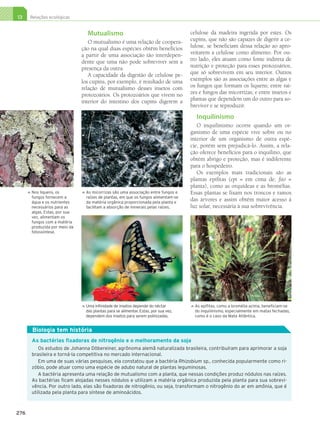13     Relações ecológicas


                                             Mutualismo                                          celulose da madeira ingerida por estes. Os
                                           O mutualismo é uma relação de coopera-                cupins, que não são capazes de digerir a ce-
                                        ção na qual duas espécies obtêm benefícios               lulose, se beneficiam dessa relação ao apro-
                                        a partir de uma associação tão interdepen-               veitarem a celulose como alimento. Por ou-
                                        dente que uma não pode sobreviver sem a                  tro lado, eles atuam como fonte indireta de
                                        presença da outra.                                       nutrição e proteção para esses protozoários,
                                           A capacidade da digestão de celulose pe-              que só sobrevivem em seu interior. Outros
                                        los cupins, por exemplo, é resultado de uma              exemplos são as associações entre as algas e
                                        relação de mutualismo desses insetos com                 os fungos que formam os liquens; entre raí-
                                        protozoários. Os protozoários que vivem no               zes e fungos das micorrizas; e entre insetos e
                                        interior do intestino dos cupins digerem a               plantas que dependem um do outro para so-
                                                                                                 breviver e se reproduzir.
                                                                                                     Inquilinismo
                                                                                                    O inquilinismo ocorre quando um or-
                                                                                                 ganismo de uma espécie vive sobre ou no
                                                                                                 interior de um organismo de outra espé-
                                                                                                 cie, porém sem prejudicá-lo. Assim, a rela-
                                                                                                 ção oferece benefícios para o inquilino, que
                                                                                                 obtém abrigo e proteção, mas é indiferente
                                                                                                 para o hospedeiro.
                                                                                                    Os exemplos mais tradicionais são as
                                                                                                 plantas epífitas (epi = em cima de; fito =
                                                                                                 planta), como as orquídeas e as bromélias.
                N
                 os liquens, os            A
                                             s micorrizas são uma associação entre fungos e     Essas plantas se fixam nos troncos e ramos
            




                                        




                fungos fornecem a           raízes de plantas, em que os fungos alimentam-se
                água e os nutrientes        da matéria orgânica proporcionada pela planta e
                                                                                                 das árvores e assim obtêm maior acesso à
                necessários para as         facilitam a absorção de minerais pelas raízes.       luz solar, necessária à sua sobrevivência.
                algas. Estas, por sua
                vez, alimentam os
                fungos com a matéria
                produzida por meio da
                fotossíntese.




                                            U
                                             ma infinidade de insetos depende do néctar             A
                                                                                                      s epífitas, como a bromélia acima, beneficiam-se
                                        




                                                                                                 




                                            das plantas para se alimentar. Estas, por sua vez,       do inquilinismo, especialmente em matas fechadas,
                                            dependem dos insetos para serem polinizadas.             como é o caso da Mata Atlântica.


                Biologia tem história
                As bactérias fixadoras de nitrogênio e o melhoramento da soja
                   Os estudos de Johanna Döbereiner, agrônoma alemã naturalizada brasileira, contribuíram para aprimorar a soja
                brasileira e torná-la competitiva no mercado internacional.
                   Em uma de suas várias pesquisas, ela constatou que a bactéria Rhizobium sp., conhecida popularmente como ri-
                zóbio, pode atuar como uma espécie de adubo natural de plantas leguminosas.
                   A bactéria apresenta uma relação de mutualismo com a planta, que nessas condições produz nódulos nas raízes.
                As bactérias ficam alojadas nesses nódulos e utilizam a matéria orgânica produzida pela planta para sua sobrevi-
                vência. Por outro lado, elas são fixadoras de nitrogênio, ou seja, transformam o nitrogênio do ar em amônia, que é
                utilizada pela planta para síntese de aminoácidos.



      276




3P_EMB3_LA_U03_C13_268A287.indd 276                                                                                                                   26.10.09 17:21:36
 