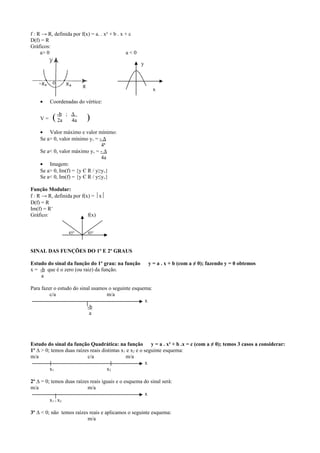 f : R → R, definida por f(x) = a. . x² + b . x + c
D(f) = R
Gráficos:
a> 0 a < 0
• Coordenadas do vértice:
V = ( )
• Valor máximo e valor mínimo:
Se a> 0, valor mínimo yv = - ∆
4ª
Se a< 0, valor máximo yv = - ∆
4a
• Imagem:
Se a> 0, Im(f) = {y Є R / y≥yv}
Se a< 0, Im(f) = {y Є R / y≤yv}
Função Modular:
f : R → R, definida por f(x) = x
D(f) = R
Im(f) = R+
Gráfico: f(x)
45° 45°
SINAL DAS FUNÇÕES DO 1º E 2º GRAUS
Estudo do sinal da função do 1º grau: na função y = a . x + b (com a ≠ 0); fazendo y = 0 obtemos
x = -b que é o zero (ou raiz) da função.
a
Para fazer o estudo do sinal usamos o seguinte esquema:
c/a m/a
x
-b
a
Estudo do sinal da função Quadrática: na função y = a . x² + b .x = c (com a ≠ 0); temos 3 casos a considerar:
1º ∆ > 0; temos duas raízes reais distintas x1 e x2 e o seguinte esquema:
m/a c/a m/a
x
x1 x2
2º ∆ = 0; temos duas raízes reais iguais e o esquema do sinal será:
m/a m/a
x
x1 = x2
3º ∆ < 0; não temos raízes reais e aplicamos o seguinte esquema:
m/a
x
y
-b ; ∆
2a 4a
 