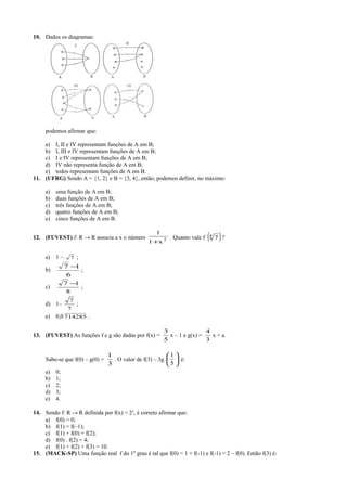 10. Dados os diagramas:
podemos afirmar que:
a) I, II e IV representam funções de A em B;
b) I, III e IV representam funções de A em B;
c) I e IV representam funções de A em B;
d) IV não representa função de A em B;
e) todos representam funções de A em B.
11. (UFRG) Sendo A = {1, 2} e B = {3, 4}, então, podemos definir, no máximo:
a) uma função de A em B;
b) duas funções de A em B;
c) três funções de A em B;
d) quatro funções de A em B;
e) cinco funções de A em B.
12. (FUVEST) f: R → R associa a x o número 2
x1
1
+
. Quanto vale f ( )4
7 ?
a) 1 – 7 ;
b)
6
17 −
;
c)
8
17 −
;
d) 1–
7
7
;
e) 0,0 714285 .
13. (FUVEST) As funções f e g são dadas por f(x) =
5
3
x – 1 e g(x) =
3
4
x + a.
Sabe-se que f(0) – g(0) =
3
1
. O valor de f(3) – 3g 





5
1
é:
a) 0;
b) 1;
c) 2;
d) 3;
e) 4.
14. Sendo f: R → R definida por f(x) = 2x
, é correto afirmar que:
a) f(0) = 0;
b) f(1) = f(–1);
c) f(1) + f(0) = f(2);
d) f(0) . f(2) = 4;
e) f(1) + f(2) + f(3) = 10.
15. (MACK-SP) Uma função real f do 1º grau é tal que f(0) = 1 + f(-1) e f(-1) = 2 – f(0). Então f(3) é:
 