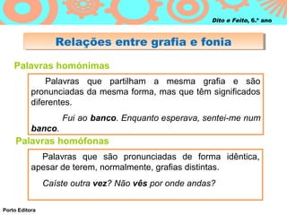 Dito e Feito, 6.º ano



                   Relações entre grafia e fonia
                   Relações entre grafia e fonia

    Palavras homónimas
               Palavras que partilham a mesma grafia e são
           pronunciadas da mesma forma, mas que têm significados
           diferentes.
                    Fui ao banco. Enquanto esperava, sentei-me num
           banco.
     Palavras homófonas
             Palavras que são pronunciadas de forma idêntica,
           apesar de terem, normalmente, grafias distintas.
                Caíste outra vez? Não vês por onde andas?

Porto Editora
 