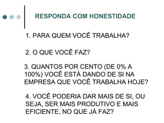 3. QUANTOS POR CENTO (DE 0% A
100%) VOCÊ ESTÁ DANDO DE SI NA
EMPRESA QUE VOCÊ TRABALHA HOJE?
RESPONDA COM HONESTIDADE
1. PARA QUEM VOCÊ TRABALHA?
4. VOCÊ PODERIA DAR MAIS DE SI, OU
SEJA, SER MAIS PRODUTIVO E MAIS
EFICIENTE, NO QUE JÁ FAZ?
2. O QUE VOCÊ FAZ?
 