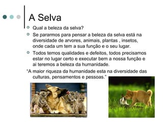 A Selva
 Qual a beleza da selva?
 Se pararmos para pensar a beleza da selva está na
diversidade de arvores, animais, plantas , insetos,
onde cada um tem a sua função e o seu lugar.
 Todos temos qualidades e defeitos, todos precisamos
estar no lugar certo e executar bem a nossa função e
ai teremos a beleza da humanidade.
“A maior riqueza da humanidade esta na diversidade das
culturas, pensamentos e pessoas.”
 
