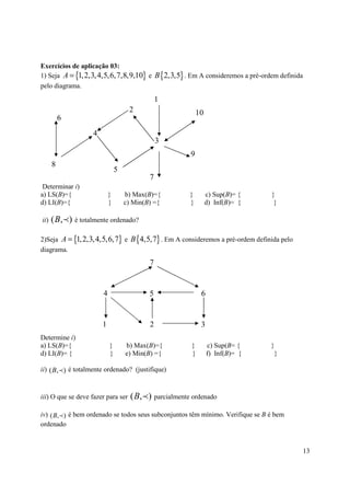 Exercícios de aplicação 03:
1) Seja A = {1, 2,3, 4,5,6,7,8,9,10} e B {2,3,5} . Em A consideremos a pré-ordem definida
pelo diagrama.
                                                1
                                     2                         10
          6
                    4
                                                3
                                                           9
      8
                                5
                                            7
 Determinar i)
a) LS(B)={                  }       b) Max(B)={           }         c) Sup(B)= {   }
d) LI(B)={                  }       c) Min(B) ={          }         d) Inf(B)= {    }

ii)   ( B, p ) é totalmente ordenado?

2)Seja A = {1, 2,3,4,5,6,7} e B {4,5,7} . Em A consideremos a pré-ordem definida pelo
diagrama.
                                            7


                        4                   5                   6


                        1                   2                   3
Determine i)
a) LS(B)={                  }       b) Max(B)={            }        c) Sup(B= {    }
d) LI(B)= {                 }       e) Min(B) ={           }        f) Inf(B)= {    }

ii) ( B, p ) é totalmente ordenado? (justifique)


iii) O que se deve fazer para ser     ( B, p ) parcialmente ordenado
iv) ( B, p ) é bem ordenado se todos seus subconjuntos têm mínimo. Verifique se B é bem
ordenado


                                                                                            13
 