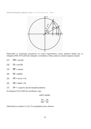 Métodos Matemáticos Aplicados à Física – Prof. Célio Wisniewski. Parte 4
10
Observando as construções geométricas no círculo trigonométrico acima, podemos deduzir que os
triângulos OMP, OVS e QTS são retângulos e semelhantes. Então, podemos construir algumas relações:
Os triângulos OVS e OMP são semelhantes, logo:
Substituindo as relações (1), (2), (7) na igualdade acima, obtemos:
 