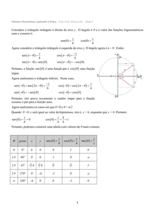 Métodos Matemáticos Aplicados à Física – Prof. Célio Wisniewski. Parte 4
5
Considere o triângulo retângulo à direita do eixo y. O ângulo é θ e o valor das funções trigonométricas
seno e cosseno é:
sen( ) cos( )
y x
h h
  
Agora considere o triângulo retângulo à esquerda do eixo y. O ângulo agora é π – θ. Então:
   
       
sen cos
sen sen cos cos
y x
h h
   
     

   
    
Portanto, a função  sen  é uma função par e  cos  uma função
ímpar.
Agora analisemos o triângulo inferior. Neste caso,
       
       
sen sen 2 cos cos 2
sen sen cos cos
y x
h h
     
   

       
    
Portanto, isto prova novamente o caráter ímpar para a função
cosseno e par para a função seno.
Agora analisemos os casos em que θ =0 e θ = π/2.
Quando θ =0, x será igual ao valor da hipotenusa, isto é, x = h, enquanto que y = 0. Portanto:
   sen 0 0 cos 0 1
y x h
h h h
    
Portanto, podemos construir uma tabela com valores de θ mais comuns:
Θ graus x y  sen
y
h
   cos
x
h
   tan
y
x
 
0 0º h 0 0 1 0
1
2  90º 0 h 1 0 
1
4  45º 2
2 h 2
2 h 2
2
2
2 1
4
3  270º 0 h -1 0 
π 180º -h 0 0 -1 0
 
