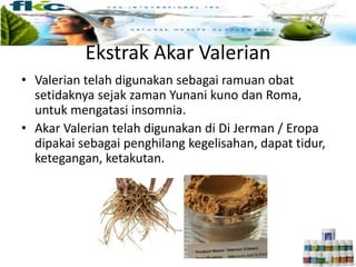 Ekstrak Akar Valerian
• Valerian telah digunakan sebagai ramuan obat
setidaknya sejak zaman Yunani kuno dan Roma,
untuk mengatasi insomnia.
• Akar Valerian telah digunakan di Di Jerman / Eropa
dipakai sebagai penghilang kegelisahan, dapat tidur,
ketegangan, ketakutan.
 