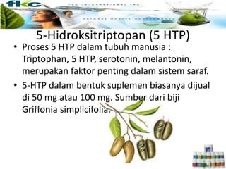 • Proses 5 HTP dalam tubuh manusia :
Triptophan, 5 HTP, serotonin, melantonin,
merupakan faktor penting dalam sistem saraf.
• 5-HTP dalam bentuk suplemen biasanya dijual
di 50 mg atau 100 mg. Sumber dari biji
Griffonia simplicifolia.
5-Hidroksitriptopan (5 HTP)
 