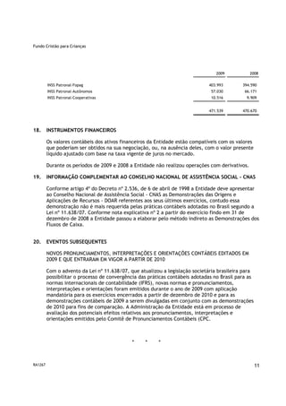 Fundo Cristão para Crianças




                                                                                 2009            2008


         INSS Patronal-Fopag                                                  403.993        394.590
         INSS Patronal-Autônomos                                               57.030         66.171
         INSS Patronal-Cooperativas                                            10.516          9.909


                                                                              471.539        470.670




18.      INSTRUMENTOS FINANCEIROS

         Os valores contábeis dos ativos financeiros da Entidade estão compatíveis com os valores
         que poderiam ser obtidos na sua negociação, ou, na ausência deles, com o valor presente
         líquido ajustado com base na taxa vigente de juros no mercado.

         Durante os períodos de 2009 e 2008 a Entidade não realizou operações com derivativos.

19.      INFORMAÇÃO COMPLEMENTAR AO CONSELHO NACIONAL DE ASSISTÊNCIA SOCIAL - CNAS

         Conforme artigo 4º do Decreto nº 2.536, de 6 de abril de 1998 a Entidade deve apresentar
         ao Conselho Nacional de Assistência Social - CNAS as Demonstrações das Origens e
         Aplicações de Recursos - DOAR referentes aos seus últimos exercícios, contudo essa
         demonstração não é mais requerida pelas práticas contábeis adotadas no Brasil segundo a
         Lei nº 11.638/07. Conforme nota explicativa nº 2 a partir do exercício findo em 31 de
         dezembro de 2008 a Entidade passou a elaborar pelo método indireto as Demonstrações dos
         Fluxos de Caixa.


20.      EVENTOS SUBSEQUENTES

         NOVOS PRONUNCIAMENTOS, INTERPRETAÇÕES E ORIENTAÇÕES CONTÁBEIS EDITADOS EM
         2009 E QUE ENTRARAM EM VIGOR A PARTIR DE 2010

         Com o advento da Lei nº 11.638/07, que atualizou a legislação societária brasileira para
         possibilitar o processo de convergência das práticas contábeis adotadas no Brasil para as
         normas internacionais de contabilidade (IFRS), novas normas e pronunciamentos,
         interpretações e orientações foram emitidos durante o ano de 2009 com aplicação
         mandatória para os exercícios encerrados a partir de dezembro de 2010 e para as
         demonstrações contábeis de 2009 a serem divulgadas em conjunto com as demonstrações
         de 2010 para fins de comparação. A Administração da Entidade está em processo de
         avaliação dos potenciais efeitos relativos aos pronunciamentos, interpretações e
         orientações emitidos pelo Comitê de Pronunciamentos Contábeis (CPC.



                                             *     *     *



RA1267                                                                                               11
 