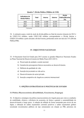 13
Quadro 7. Dívida Pública (Milhões de USD)
34. A estimativa para o total do stock da dívida pública no final do terceiro trimestre de 2012 é
de US$33.314 milhões, sendo US$13.180 milhões correspondentes a Dívida Interna e
US$20.134 milhões a parte alocada a dívida Externa, perfazendo assim um rácio de 31% (Dívida
Pública/PIB).
IV. OBJECTIVOS NACIONAIS
35. O Orçamento Geral do Estado para 2013 assume os grandes Objectivos Nacionais fixados
no Plano Nacional de Desenvolvimento de Médio Prazo (2013-2017):
a) Preservação da unidade e coesão nacional.
b) Garantia dos pressupostos básicos necessários ao desenvolvimento.
c) Melhoria da qualidade de vida.
d) Inserção da juventude na vida activa.
e) Desenvolvimento do sector privado.
f) Inserção competitiva de Angola no contexto internacional.
V. OPÇÕES ESTRATÉGICAS E POLÍTICAS DE ESTADO
5.1 Política Macroeconómica (Estabilidade, Crescimento, Emprego)
36. O objectivo estratégico da política macroeconómica de Angola passa por criar as condições
de estabilidade, eficácia e eficiência da economia, de forma a garantir a sustentabilidade do
desenvolvimento a longo prazo. A redução da inflação de forma sustentada para níveis de um
dígito, a obtenção de saldos orçamentais correntes positivos e saldos orçamentais globais
(excluindo investimentos públicos de tipo estruturante) em relação ao PIB, próximos do
Indicadores da
Dívida Pública
Total Interna Externa
Dívida
Pública/Receitas
(%)
2010 30.363 13.389 16.974 81
2011 31.546 12.233 19.313 62
2012* 33.314 13.180 20.134 48
*Estimativa
 
