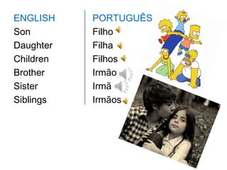 ENGLISH    PORTUGUÊS
Son        Filho
Daughter   Filha
Children   Filhos
Brother    Irmão
Sister     Irmã
Siblings   Irmãos
 