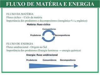 FLUXO DE MATÉRIA E ENERGIA
FLUXO DE ENERGIA
Fluxo unidirecional - Origem no Sol
Importância dos produtores (Energia luminosa → energia química)
FLUXO DA MATÉRIA
Fluxo cíclico – Ciclo da matéria
Importância dos produtores e decompositores (inorgânico orgânico)
 