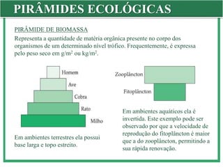 PIRÂMIDES ECOLÓGICAS
PIRÂMIDE DE BIOMASSA
Representa a quantidade de matéria orgânica presente no corpo dos
organismos de um determinado nível trófico. Frequentemente, é expressa
pelo peso seco em g/m2 ou kg/m2.
Em ambientes terrestres ela possui
base larga e topo estreito.
Em ambientes aquáticos ela é
invertida. Este exemplo pode ser
observado por que a velocidade de
reprodução do fitoplâncton é maior
que a do zooplâncton, permitindo a
sua rápida renovação.
 
