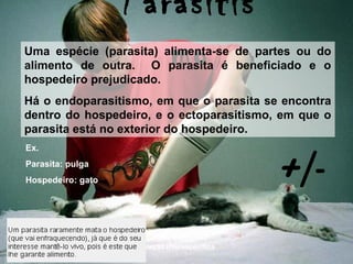 Relação interespecífica
Parasitis
moUma espécie (parasita) alimenta-se de partes ou do
alimento de outra. O parasita é beneficiado e o
hospedeiro prejudicado.
Há o endoparasitismo, em que o parasita se encontra
dentro do hospedeiro, e o ectoparasitismo, em que o
parasita está no exterior do hospedeiro.
Ex.
Parasita: pulga
Hospedeiro: gato +/-
 