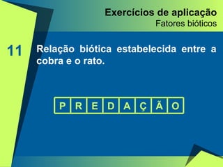 Exercícios de aplicação Fatores bióticos 11 Relação biótica estabelecida entre a cobra e o rato. P R E D A Ç Ã O 