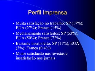 Perfil Imprensa
• Muita satisfação no trabalho: SP (17%);
EUA (27%); França (15%)
• Medianamente satisfeitos: SP (53%);
EUA (50%); França (72%)
• Bastante insatisfeito: SP (11%); EUA
(3%); França (0.4%)
• Maior satisfação nas revistas e
insatisfação nos jornais
 