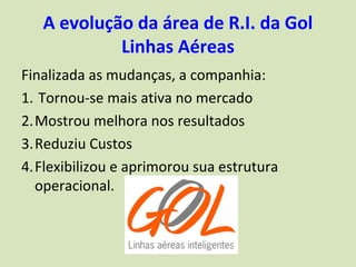 A evolução da área de R.I. da Gol
            Linhas Aéreas
Finalizada as mudanças, a companhia:
1. Tornou-se mais ativa no mercado
2.Mostrou melhora nos resultados
3.Reduziu Custos
4.Flexibilizou e aprimorou sua estrutura
  operacional.
 