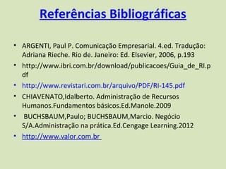 Referências Bibliográficas

• ARGENTI, Paul P. Comunicação Empresarial. 4.ed. Tradução:
  Adriana Rieche. Rio de. Janeiro: Ed. Elsevier, 2006, p.193
• http://www.ibri.com.br/download/publicacoes/Guia_de_RI.p
  df
• http://www.revistari.com.br/arquivo/PDF/RI-145.pdf
• CHIAVENATO,Idalberto. Administração de Recursos
  Humanos.Fundamentos básicos.Ed.Manole.2009
• BUCHSBAUM,Paulo; BUCHSBAUM,Marcio. Negócio
  S/A.Administração na prática.Ed.Cengage Learning.2012
• http://www.valor.com.br
 