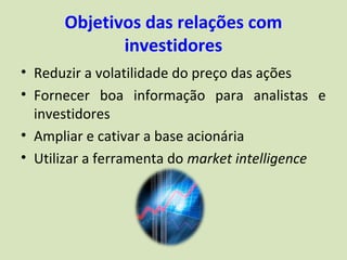 Objetivos das relações com
             investidores
• Reduzir a volatilidade do preço das ações
• Fornecer boa informação para analistas e
  investidores
• Ampliar e cativar a base acionária
• Utilizar a ferramenta do market intelligence
 