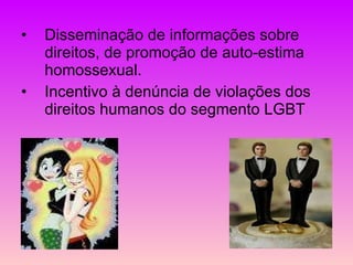 Disseminação de informações sobre direitos, de promoção de auto-estima homossexual. Incentivo à denúncia de violações dos direitos humanos do segmento LGBT 