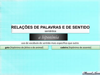 RELAÇÕES DE PALAVRAS E DE SENTIDO
                                        semântica

                                a hiponímia
               uso de vocábulo de sentido mais específico que outro
gato [hipônimo de felino e de animal]               cadeira [hipônimo de assento]
 