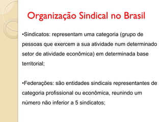 Organização Sindical no Brasil
•Sindicatos: representam uma categoria (grupo de
pessoas que exercem a sua atividade num determinado
setor de atividade econômica) em determinada base
territorial;
•Federações: são entidades sindicais representantes de
categoria profissional ou econômica, reunindo um
número não inferior a 5 sindicatos;
 