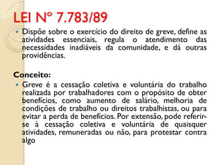 LEI Nº 7.783/89
 Dispõe sobre o exercício do direito de greve, define as
atividades essenciais, regula o atendimento das
necessidades inadiáveis da comunidade, e dá outras
providências.
Conceito:
 Greve é a cessação coletiva e voluntária do trabalho
realizada por trabalhadores com o propósito de obter
benefícios, como aumento de salário, melhoria de
condições de trabalho ou direitos trabalhistas, ou para
evitar a perda de benefícios. Por extensão, pode referir-
se à cessação coletiva e voluntária de quaisquer
atividades, remuneradas ou não, para protestar contra
algo
 