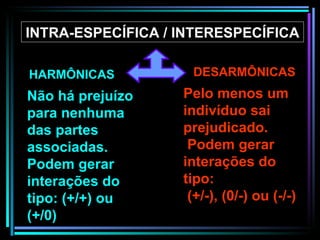 INTRA-ESPECÍFICA / INTERESPECÍFICA HARMÔNICAS DESARMÔNICAS Pelo menos um indivíduo sai prejudicado.  Podem gerar interações do tipo: (+/-), (0/-) ou (-/-)   Não há prejuízo para nenhuma das partes associadas. Podem gerar interações do tipo: (+/+) ou (+/0) 