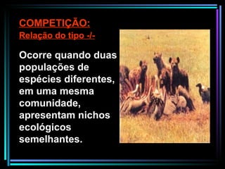 COMPETIÇÃO: Relação do tipo -/- Ocorre quando duas populações de espécies diferentes, em uma mesma comunidade, apresentam nichos ecológicos semelhantes. 