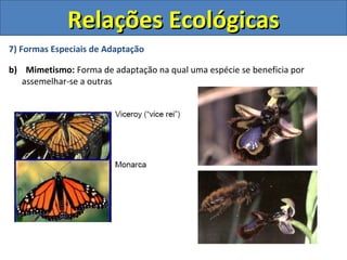 7) Formas Especiais de Adaptação
b) Mimetismo: Forma de adaptação na qual uma espécie se beneficia por
assemelhar-se a outras
Relações EcológicasRelações Ecológicas
 