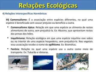 4) Relações Interespecíficas Harmônicas
III) Comensalismo: É a associação entre espécies diferentes, na qual uma
espécie é beneficiada sem causar prejuízo ou benefício a outra.
 Comensalismo típico: Relação em que uma espécie se alimenta de restos
alimentares de outra, sem prejudicá-la. Ex: Abutres, que aproveitam restos
das presas dos leões.
 Inquilinismo: Relação ecológica em que uma espécie inquilina vive sobre
ou no interior de uma espécie hospedeira, sem prejudicá-la. Nos vegetais
essa associação recebe o nome de epifitismo. Ex: Bromélias.
 Forésia: Relação na qual uma espécie usa a outra como meio de
transporte. Ex: Tubarão e rêmoras.
Relações EcológicasRelações Ecológicas
 